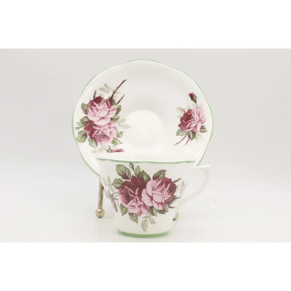 Roses Tea Cup and Saucer Set England Pink Shabby VTG Crownford Fine Bone China